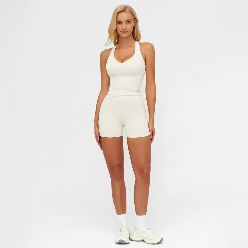 MFVIM Women'S Solid Crop Sports Bra & High Waist Gym Shorts Tracksuit Set, High Stretch Casual Breathable Comfortable Quick Drying Spaghetti Strap Backless Sports Bra & Drawstring Waist Skinny Shorts for Yoga Gym Workout, Ladies Sportswear for All Seasons