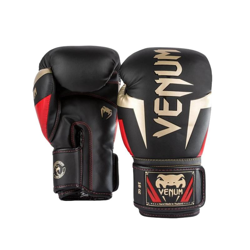 Venum Elite Boxing Gloves - Black/Gold/Red, Quadruple Density Foam, Premium Semi Leather Construction, Long Cuffs for Wrist Protection
