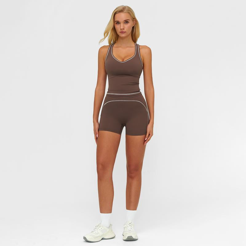 MFVIM Women'S Solid Crop Sports Bra & High Waist Gym Shorts Tracksuit Set, High Stretch Casual Breathable Comfortable Quick Drying Spaghetti Strap Backless Sports Bra & Drawstring Waist Skinny Shorts for Yoga Gym Workout, Ladies Sportswear for All Seasons