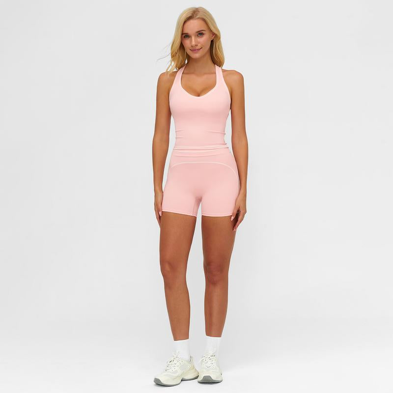 MFVIM Women'S Solid Crop Sports Bra & High Waist Gym Shorts Tracksuit Set, High Stretch Casual Breathable Comfortable Quick Drying Spaghetti Strap Backless Sports Bra & Drawstring Waist Skinny Shorts for Yoga Gym Workout, Ladies Sportswear for All Seasons