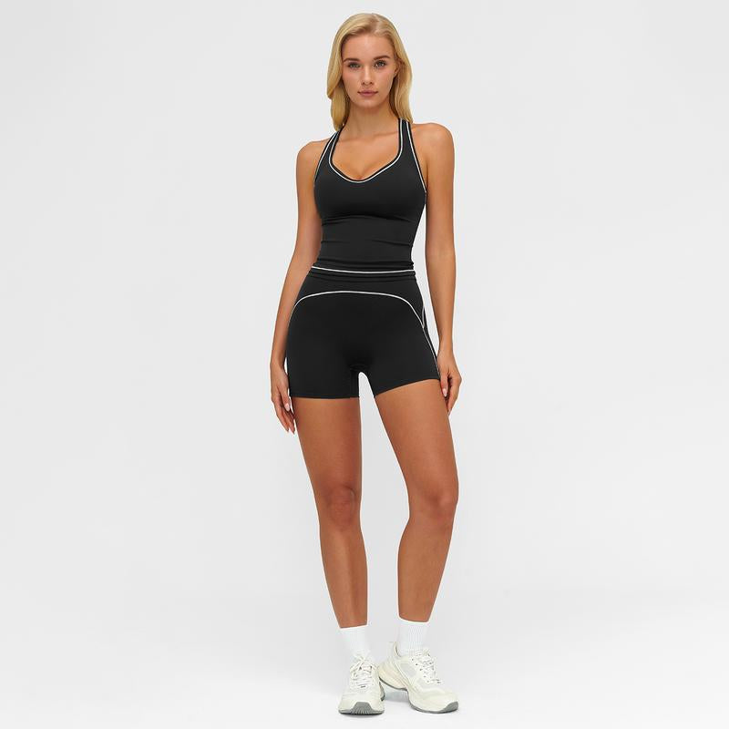 MFVIM Women'S Solid Crop Sports Bra & High Waist Gym Shorts Tracksuit Set, High Stretch Casual Breathable Comfortable Quick Drying Spaghetti Strap Backless Sports Bra & Drawstring Waist Skinny Shorts for Yoga Gym Workout, Ladies Sportswear for All Seasons