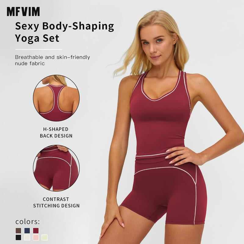 MFVIM Women'S Solid Crop Sports Bra & High Waist Gym Shorts Tracksuit Set, High Stretch Casual Breathable Comfortable Quick Drying Spaghetti Strap Backless Sports Bra & Drawstring Waist Skinny Shorts for Yoga Gym Workout, Ladies Sportswear for All Seasons