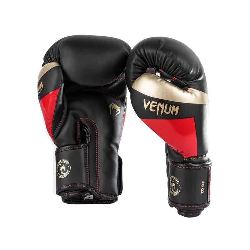 Venum Elite Boxing Gloves - Black/Gold/Red, Quadruple Density Foam, Premium Semi Leather Construction, Long Cuffs for Wrist Protection