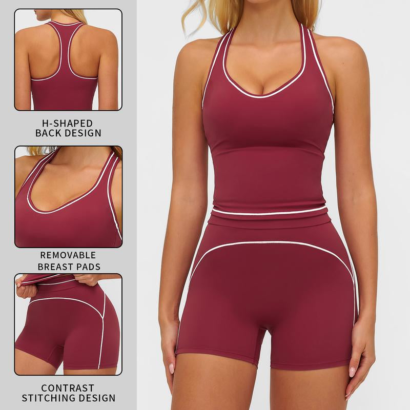 MFVIM Women'S Solid Crop Sports Bra & High Waist Gym Shorts Tracksuit Set, High Stretch Casual Breathable Comfortable Quick Drying Spaghetti Strap Backless Sports Bra & Drawstring Waist Skinny Shorts for Yoga Gym Workout, Ladies Sportswear for All Seasons