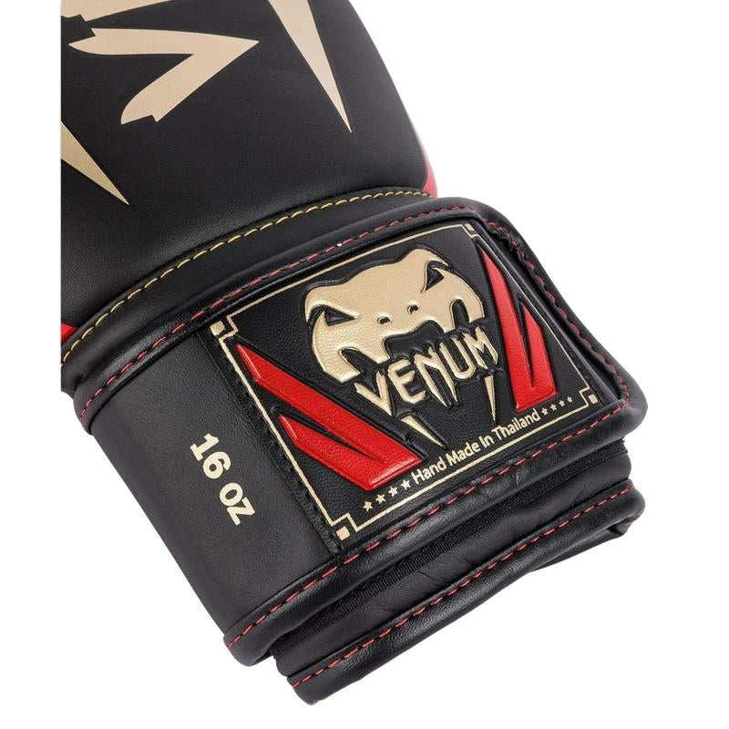 Venum Elite Boxing Gloves - Black/Gold/Red, Quadruple Density Foam, Premium Semi Leather Construction, Long Cuffs for Wrist Protection