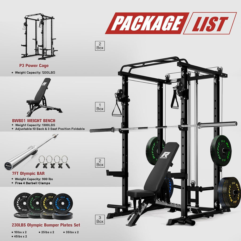 PPC-P3 Power Cage with Optional LAT Pulldown/Cable Crossover, 1200LB Squat Rack for Home & Garage Gym, with Weight Storage Rack and More Training Attachments, Astm-Certified