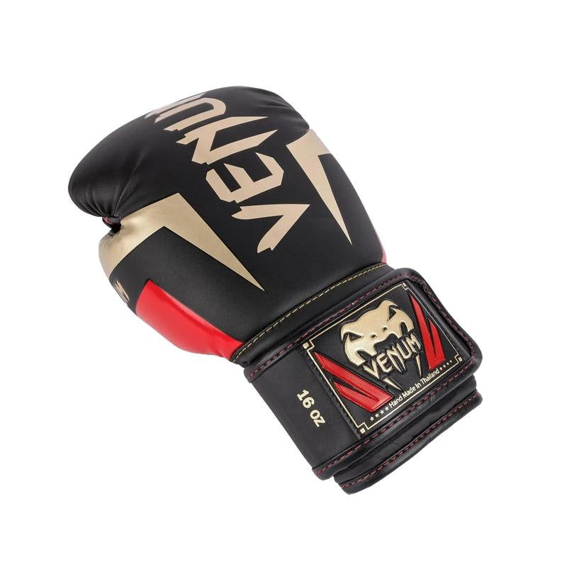 Venum Elite Boxing Gloves - Black/Gold/Red, Quadruple Density Foam, Premium Semi Leather Construction, Long Cuffs for Wrist Protection