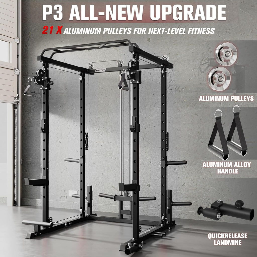 PPC-P3 Power Cage with Optional LAT Pulldown/Cable Crossover, 1200LB Squat Rack for Home & Garage Gym, with Weight Storage Rack and More Training Attachments, Astm-Certified