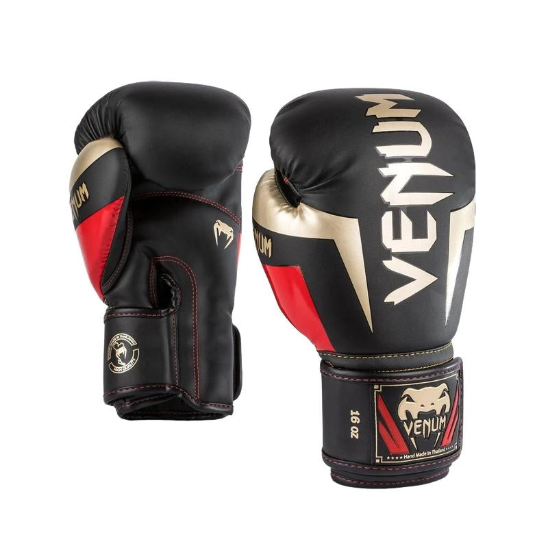Venum Elite Boxing Gloves - Black/Gold/Red, Quadruple Density Foam, Premium Semi Leather Construction, Long Cuffs for Wrist Protection