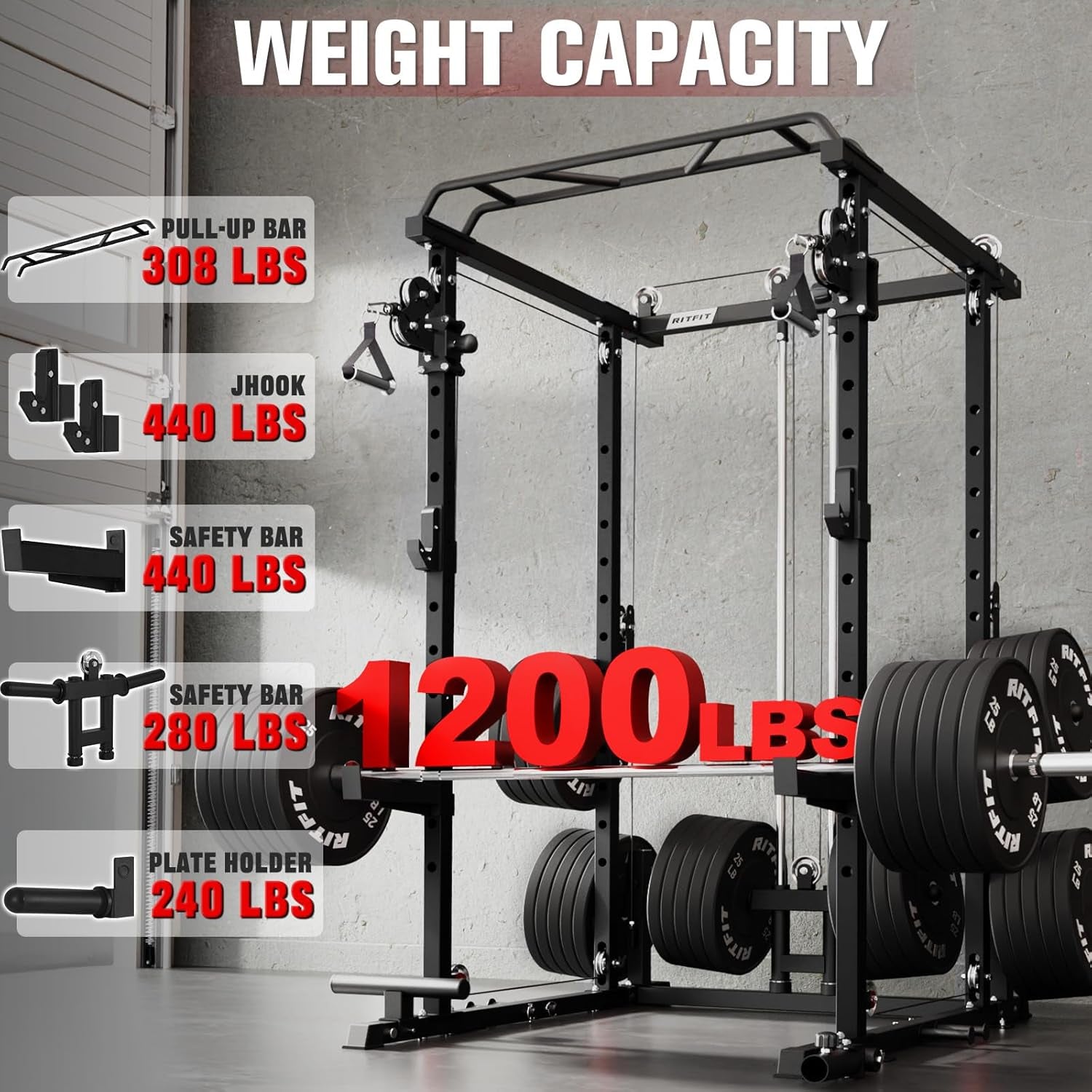 PPC-P3 Power Cage with Optional LAT Pulldown/Cable Crossover, 1200LB Squat Rack for Home & Garage Gym, with Weight Storage Rack and More Training Attachments, Astm-Certified