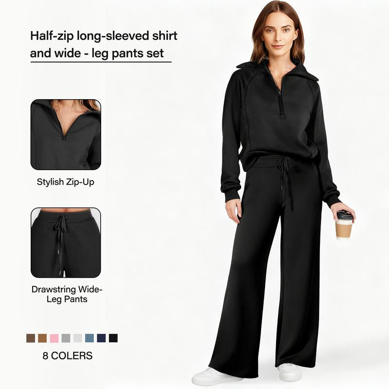2 Piece Outfits 2025 Fall Fashion Airport Wide Leg Pants Lounge Set Leisure Travel Vacation Clothes Sweatsuits Workout Set for Gym Stuff Women Autumn Winter